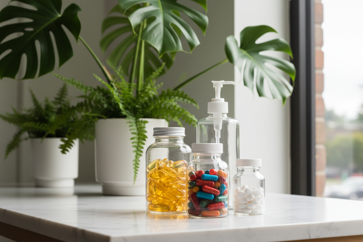 Supplement bottles filled with pills, no labels